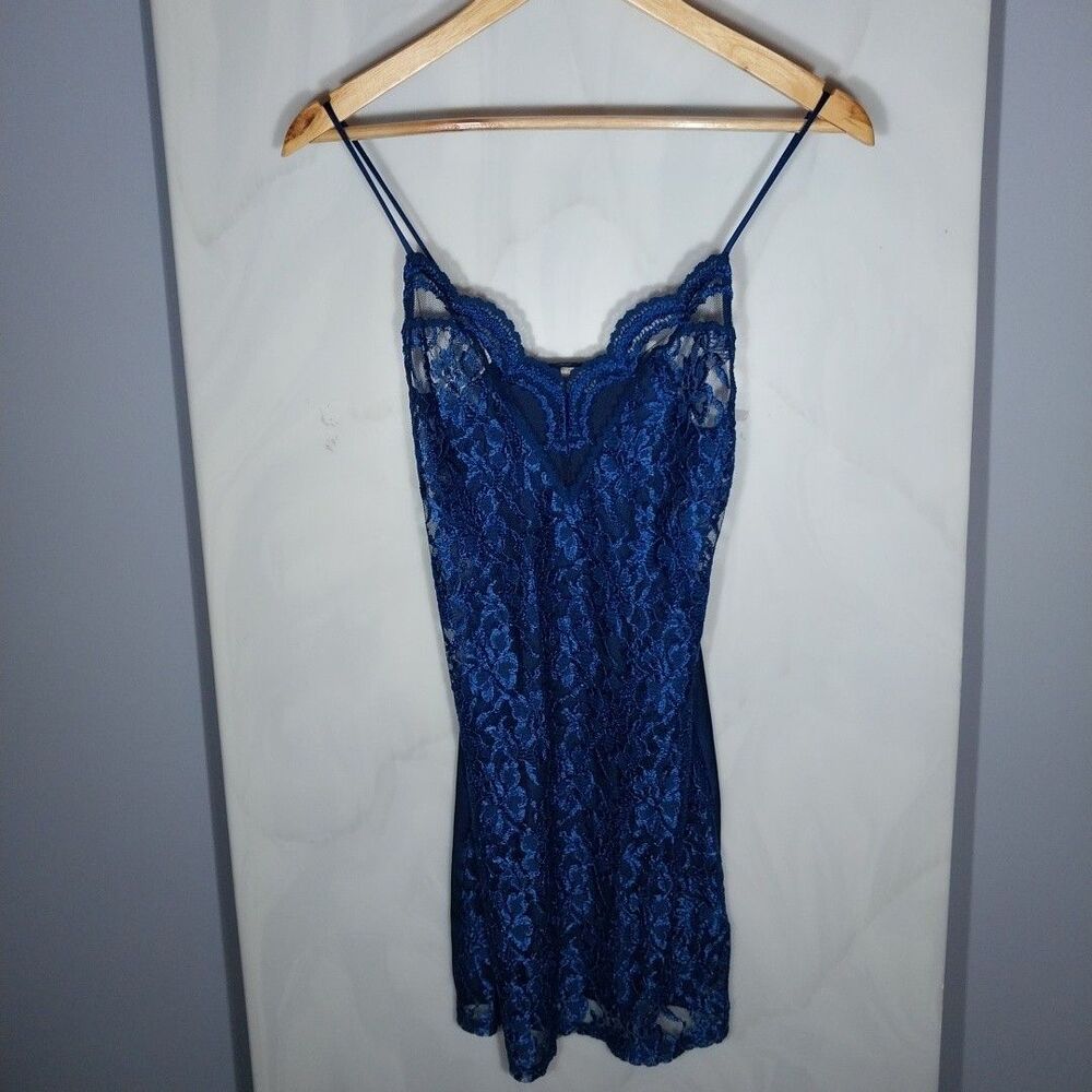 Delicates Blue Lace Chemise Slip Dress Floral Sheer Mesh Satin Lingerie Womens S